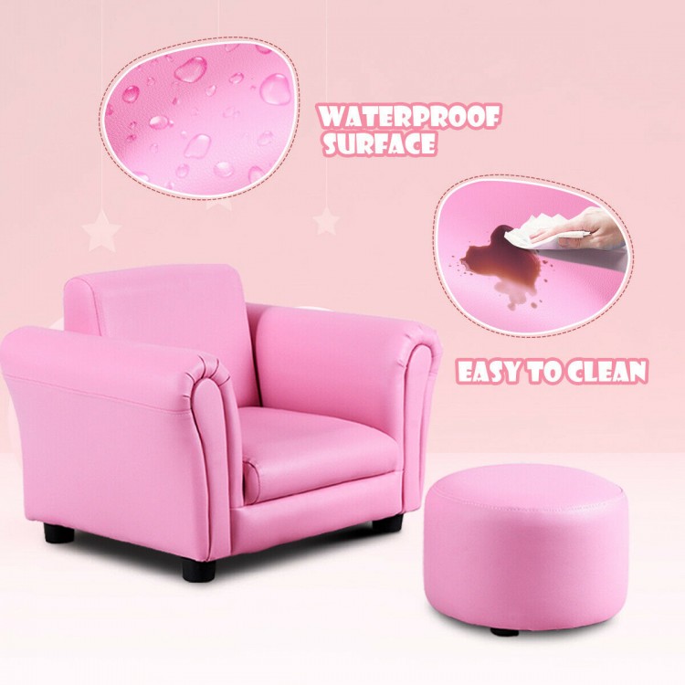 Kids single armrest couch sofa in pink with matching ottoman, waterproof surface, easy to clean, perfect for playrooms.