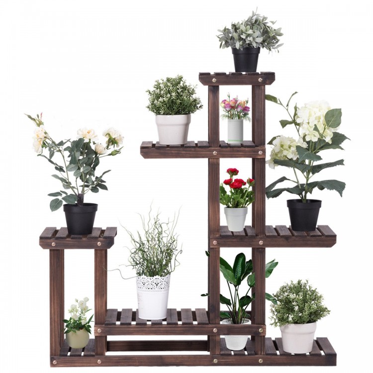 Multi-tier wooden plant stand showcasing various potted plants, ideal for indoor or outdoor decoration.