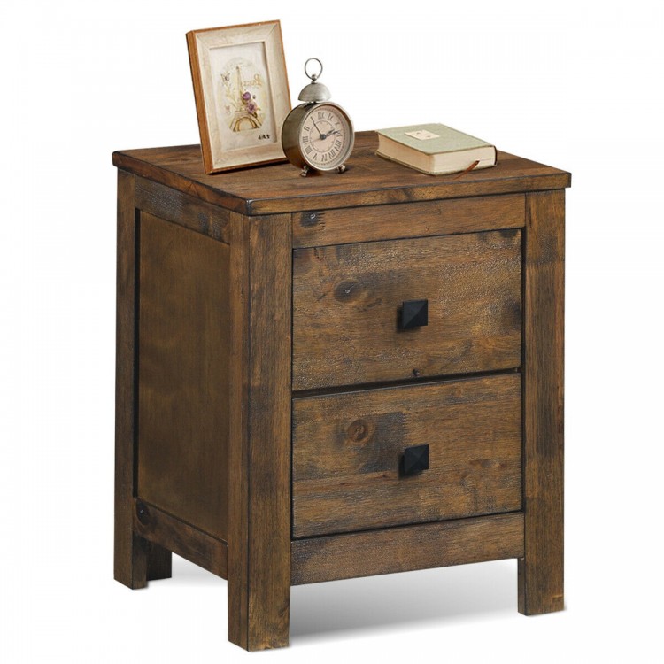 Wooden nightstand with two storage drawers and a spacious tabletop, made of durable rubberwood, perfect for small.