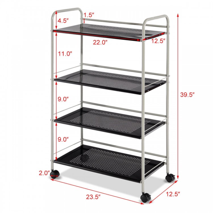 Four-tier rolling storage cart with rust-resistant steel, 23.5-inch width, ideal for organizing in office or kitchen.