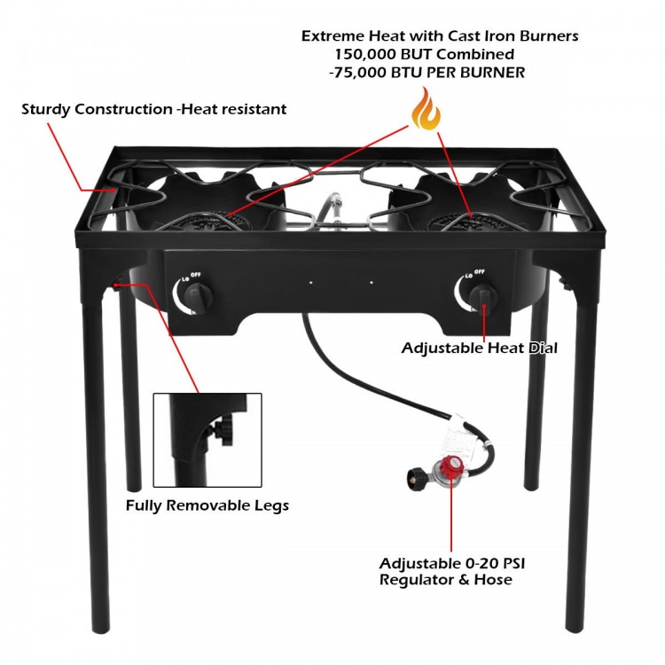 Double burner outdoor stove with 150,000 BTU, heavy-duty cast iron, adjustable heat dial, perfect for camping and.