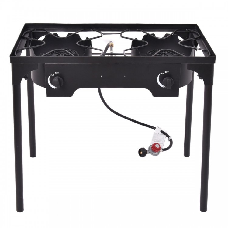 Front view of the 150,000 BTU double burner outdoor stove with removable legs, perfect for outdoor cooking and grilling.
