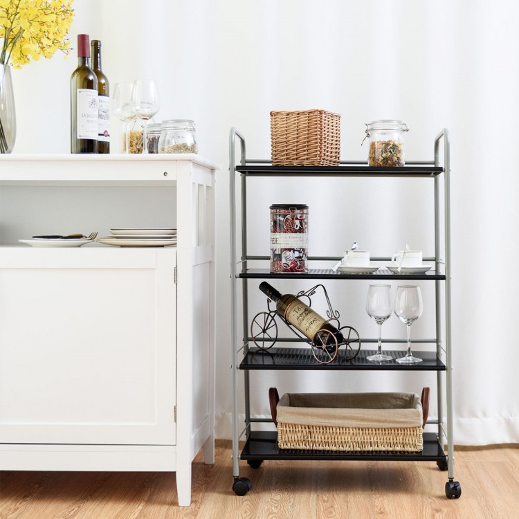 Four-tier rolling storage cart with rust-resistant steel, ideal for organizing items in kitchen, office, or bathroom.