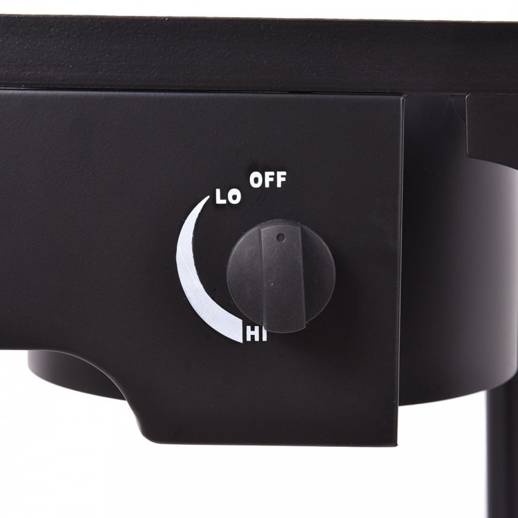 Close-up of the adjustable heat dial on the 150,000 BTU double burner outdoor stove BBQ grill for precise cooking.