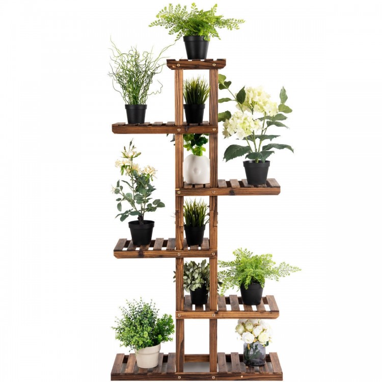 6-tier wooden plant rack showcasing various potted plants, ideal for indoor or outdoor use, with weather-resistant.