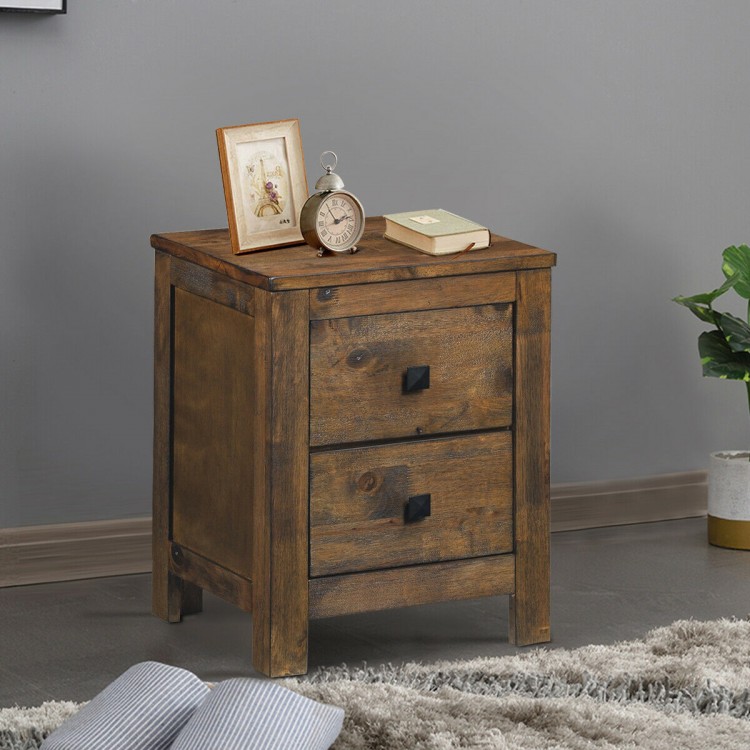 Wooden nightstand with two storage drawers and spacious tabletop, crafted from durable rubberwood for stylish room.