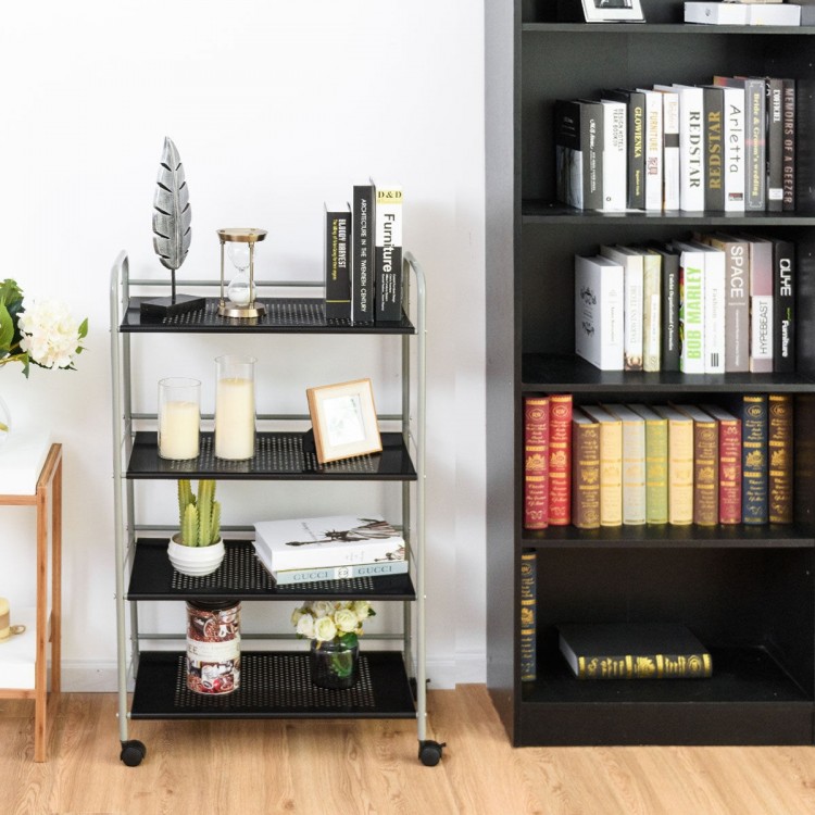 Four-tier rolling storage cart in black with heavy-duty steel construction, ideal for organizing items in any space.