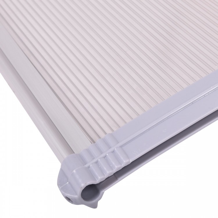 Close-up of the gray 40" x 40" outdoor polycarbonate door window awning, ideal for sun and rain protection.