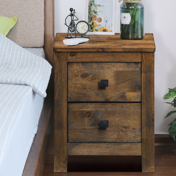 Wood nightstand with two storage drawers and a spacious tabletop, made of durable rubberwood for bedroom or small.