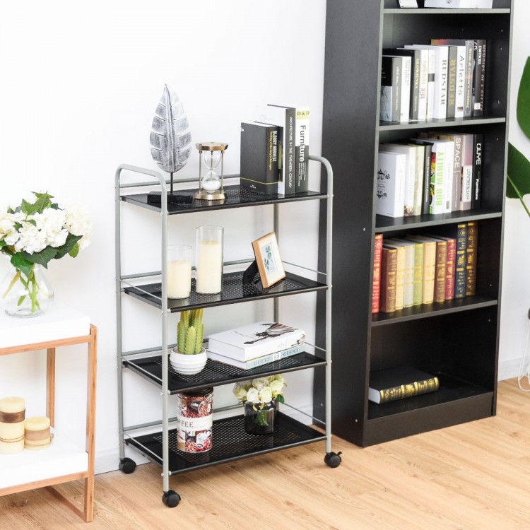 Four-tier rolling storage cart with guardrail design and heavy-duty steel, perfect for keeping items organized in any.