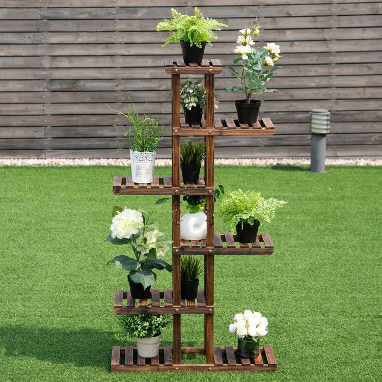 6-tier wooden plant rack stand showcasing various potted plants, ideal for indoor or outdoor use in gardens and patios.