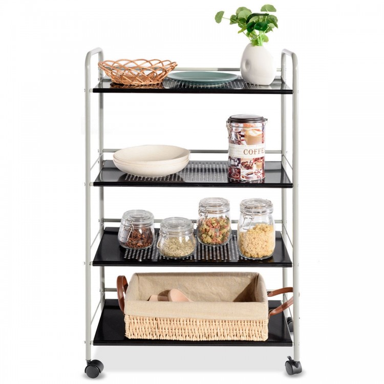 Four-tier rolling storage cart with heavy-duty steel construction, ideal for organizing items in the kitchen or office.