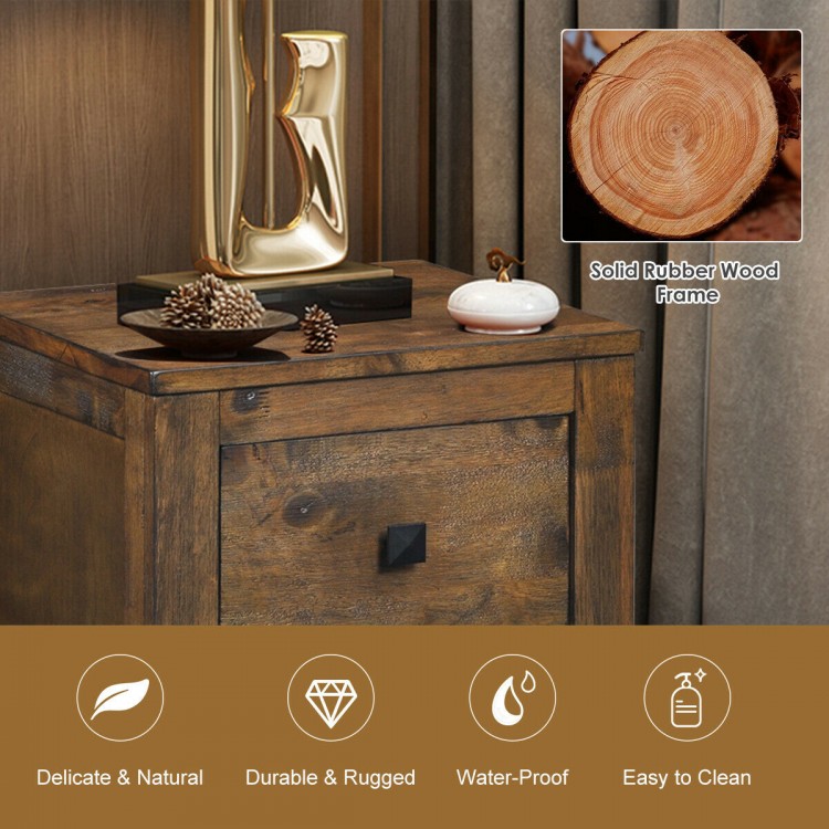 Wooden nightstand with two sliding drawers, solid rubberwood frame, and spacious tabletop for decor in a retro style.