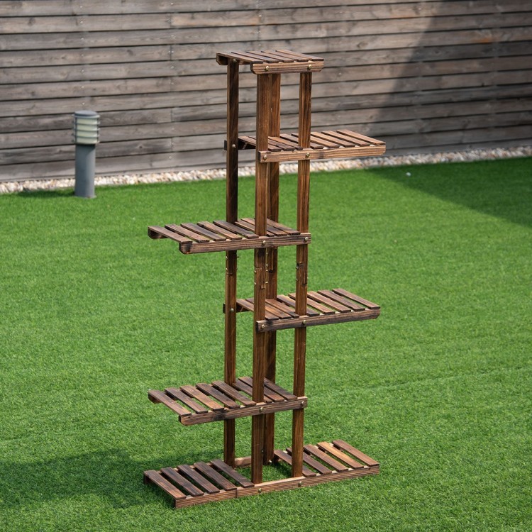 6-tier wooden plant rack stand with weather-resistant fir wood, ideal for displaying flowers and ornaments in gardens.