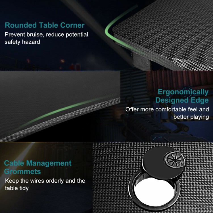 Ergonomic gaming desk featuring rounded corners, cable management grommets, and a PVC carbon fiber surface for.