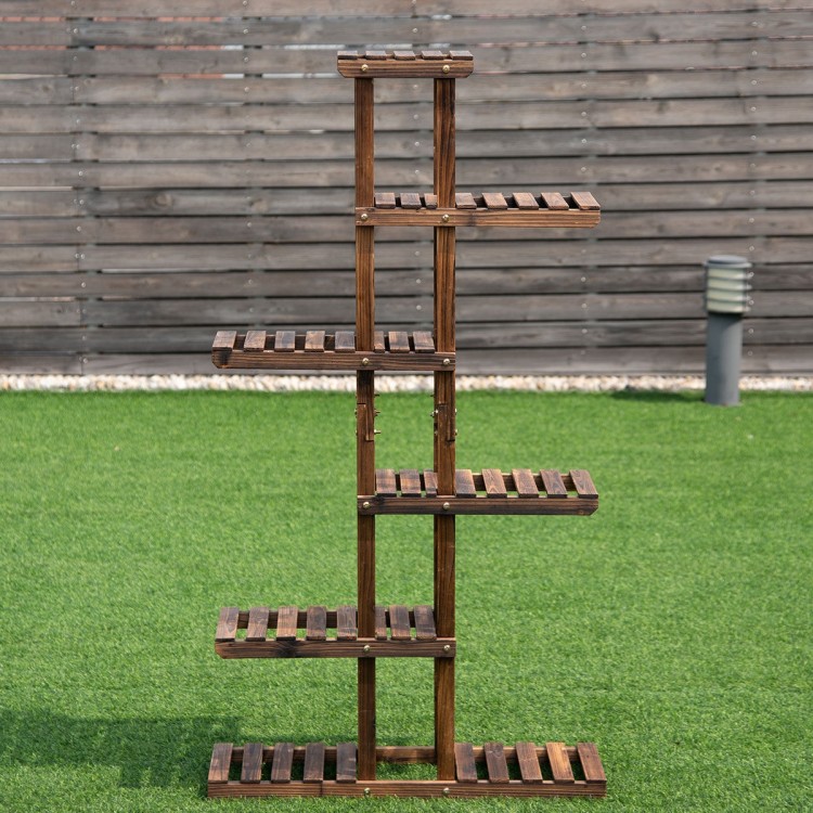 6-tier wooden plant rack stand with hollow-out design, perfect for displaying flowers and potted plants outdoors or.