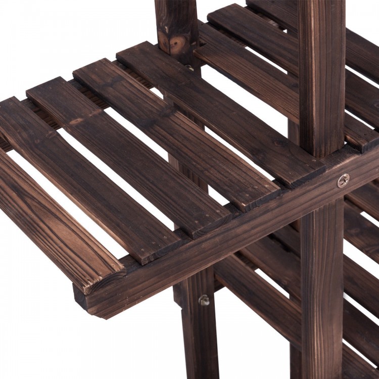 Close-up of the 6-tier wooden plant stand shelf, made of durable fir wood, ideal for indoor or outdoor use.