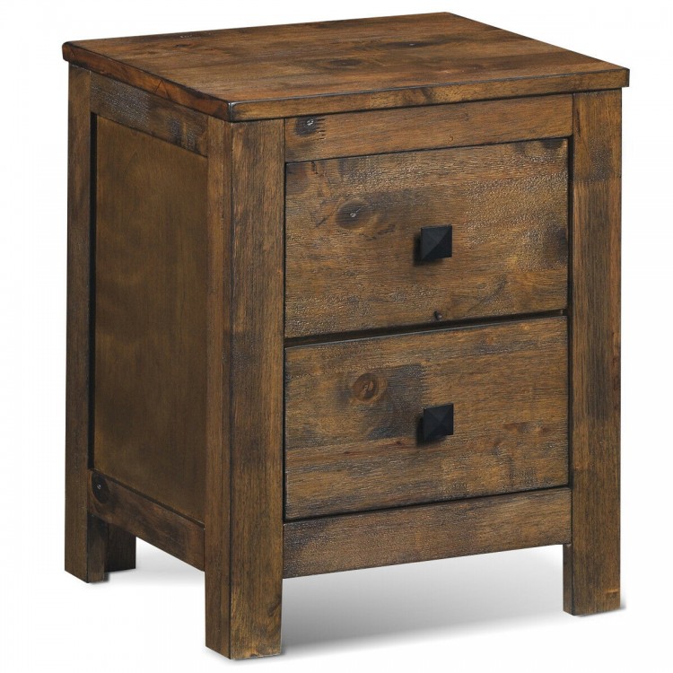 Wooden nightstand with two storage drawers and a spacious tabletop, made of durable rubberwood for compact spaces.