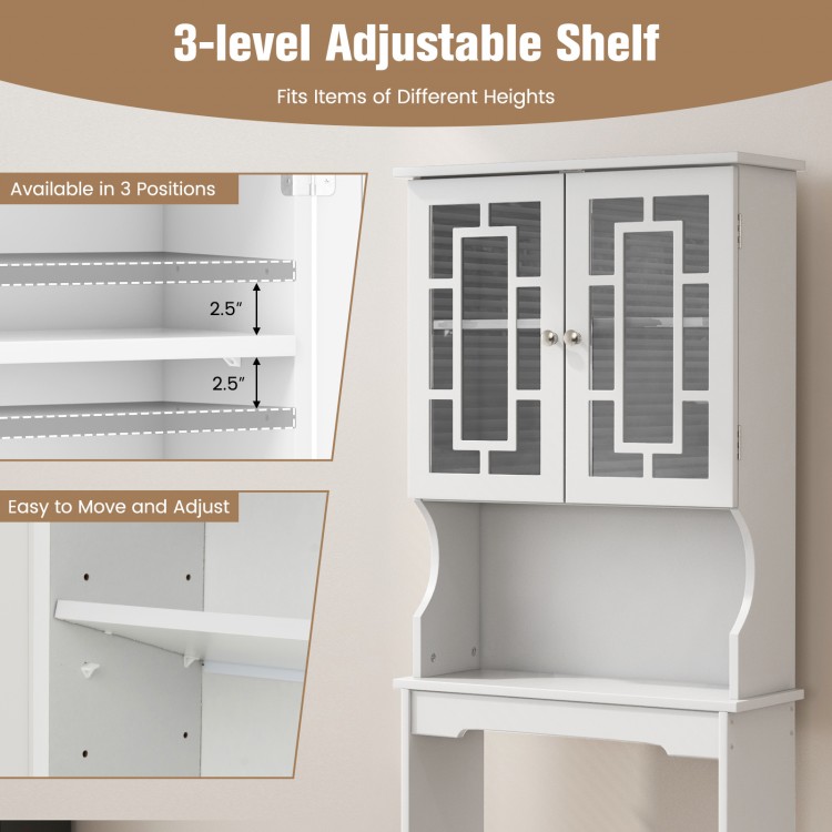 Bathroom spacesaver cabinet with adjustable 3-level shelf and glass doors, perfect for maximizing storage over toilets.
