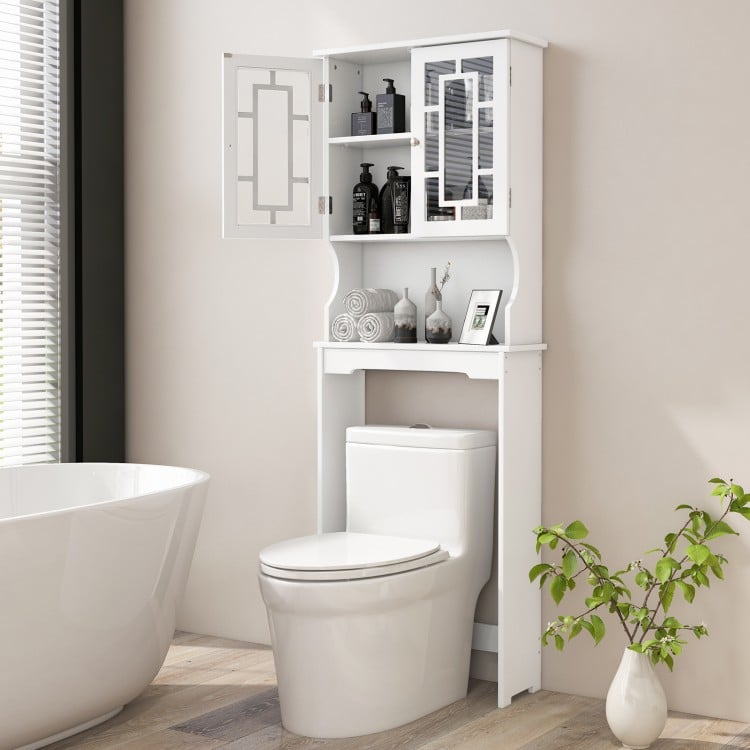 Bathroom spacesaver over the toilet with white finish, featuring a hidden cabinet and open shelf for storage.