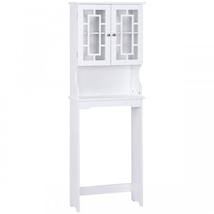 Bathroom spacesaver cabinet with glass doors and a sleek design, maximizing storage space above standard toilets.