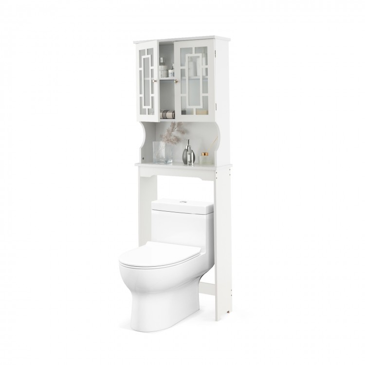 Bathroom spacesaver over the toilet with white finish, featuring a cabinet and shelf for organizing toiletries and.