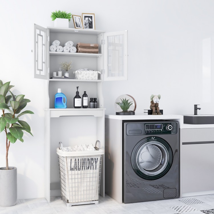 Bathroom spacesaver cabinet in white finish with open shelf and hidden storage, ideal for maximizing bathroom space.