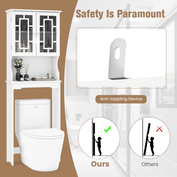 Bathroom spacesaver over the toilet with white finish, featuring a hidden cabinet and open shelf for efficient storage.