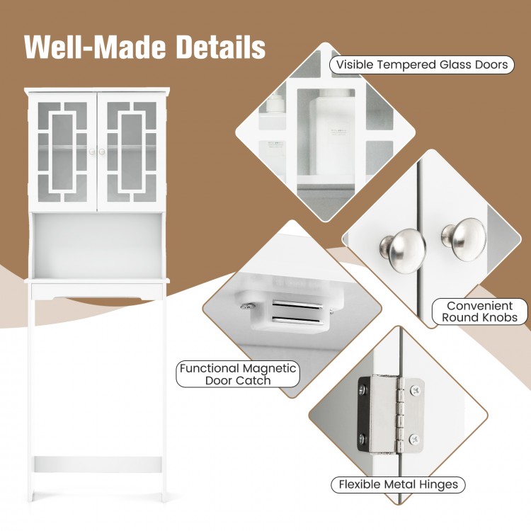 Bathroom spacesaver cabinet with tempered glass doors, round knobs, and flexible metal hinges for efficient storage.