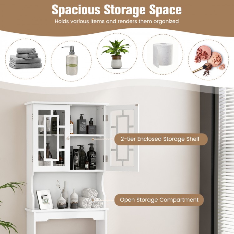 Bathroom spacesaver cabinet with white finish, featuring a 2-tier enclosed shelf and open storage for toiletries and.