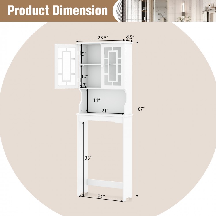 Bathroom spacesaver over the toilet with hidden cabinet and open shelf, white finish, ideal for small bathroom storage.