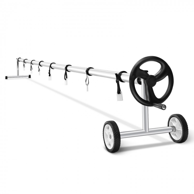 Aluminum pool cover reel set with wheels, adjustable for 2.5 to 22 feet pools, includes 8 straps and clamps.