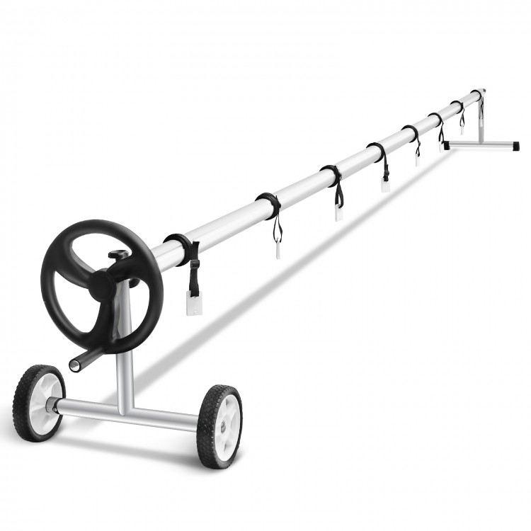22 ft adjustable aluminum pool cover reel set with wheels and hand crank for easy cover management.
