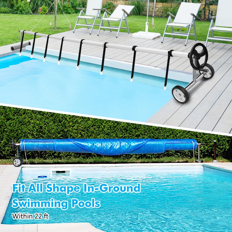 Aluminum pool cover reel set for in-ground pools, adjustable for widths from 2.5 to 22 feet, featuring wheels for easy.