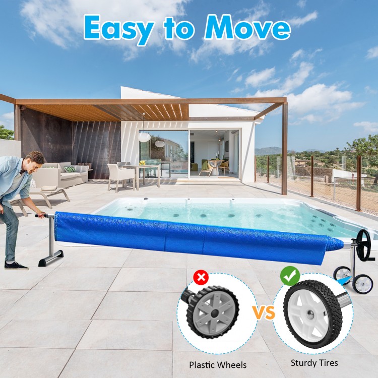22 ft pool cover reel set with aluminum frame and sturdy wheels, designed for easy movement and storage by the pool.