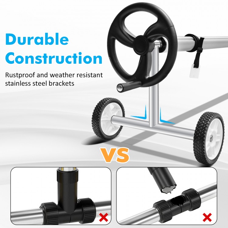Durable aluminum pool cover reel set with stainless steel brackets, featuring wheels for easy movement and stability.