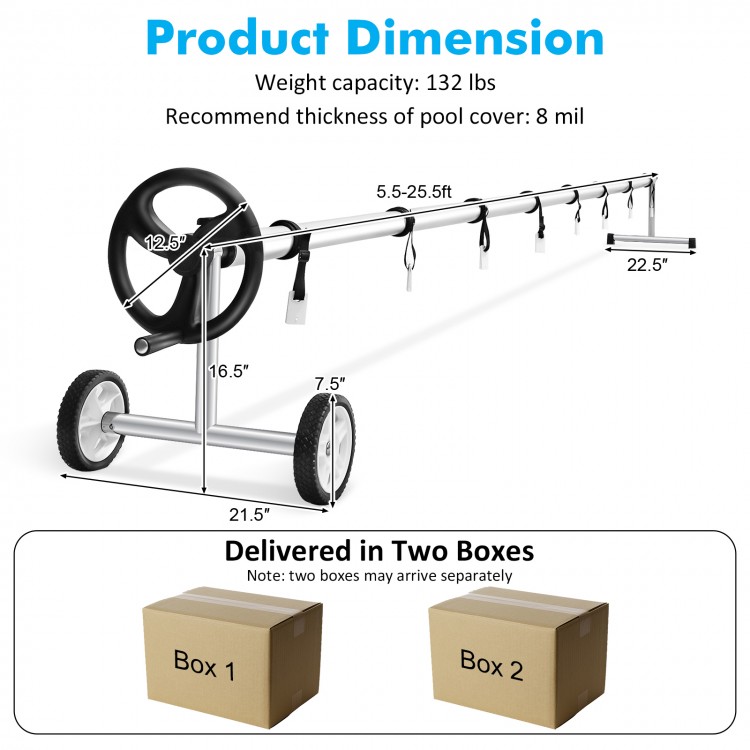 Adjustable 22 ft aluminum pool cover reel set with wheels and hand crank for easy cover management.