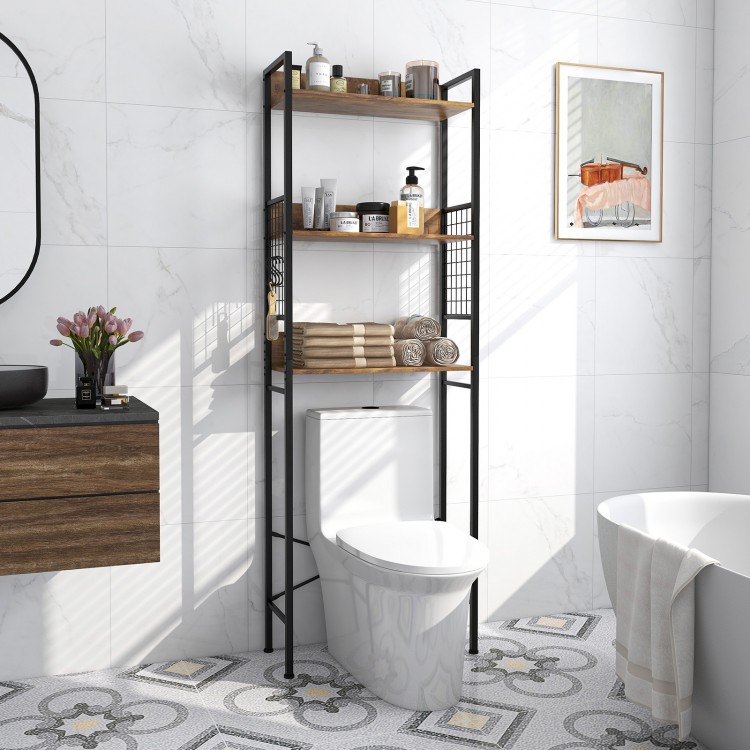 3-tier over-the-toilet storage rack in rustic brown, featuring sturdy engineered wood and steel, ideal for bathroom.