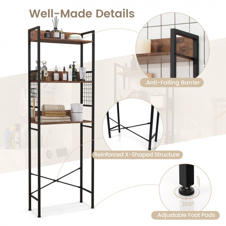 3-tier over-the-toilet storage rack in rustic brown with hooks, X-shaped structure, and adjustable foot pads for.