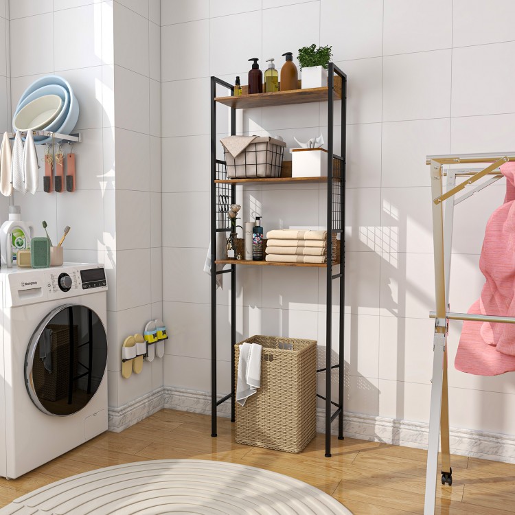 3-tier over-the-toilet storage rack in rustic brown with hooks, ideal for bathroom essentials and maximizing wall space.