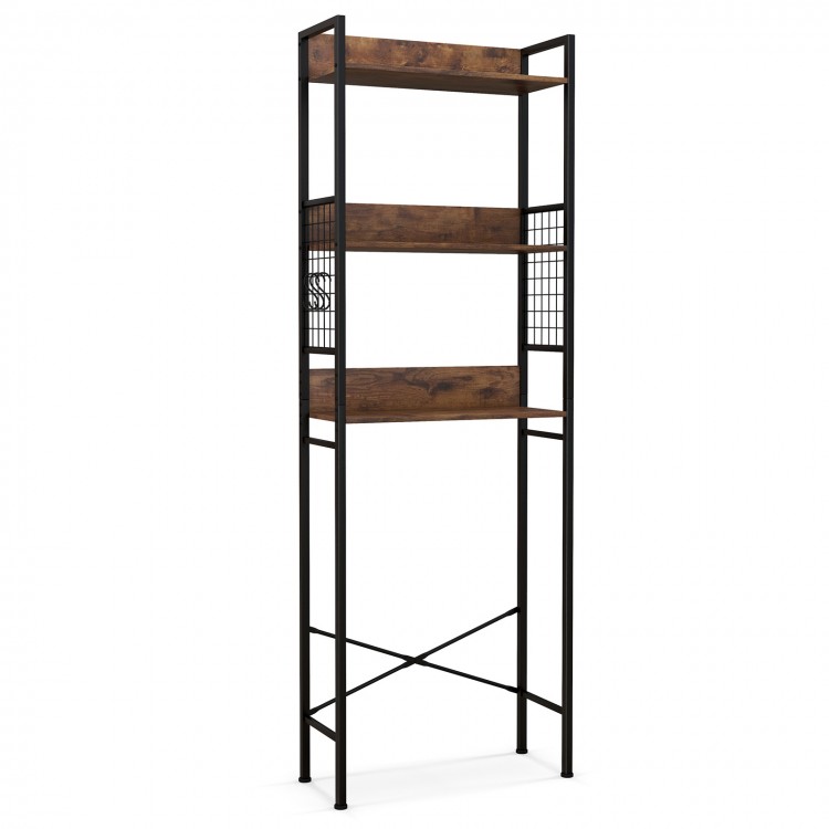 3-tier over-the-toilet storage rack in rustic brown with metal frame, perfect for bathroom essentials and towels.