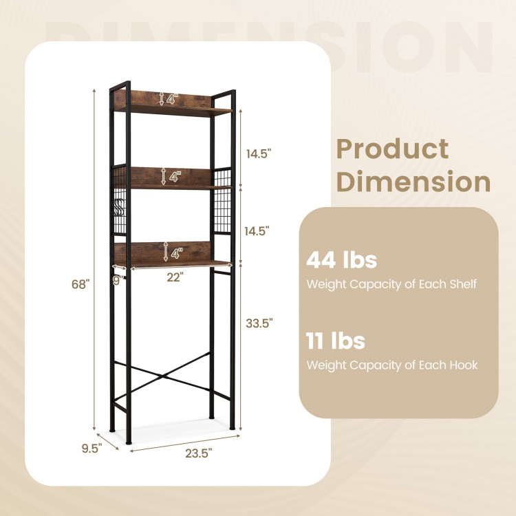 3-tier over-the-toilet storage rack in rustic brown with metal hooks, ideal for bathroom organization and decor.