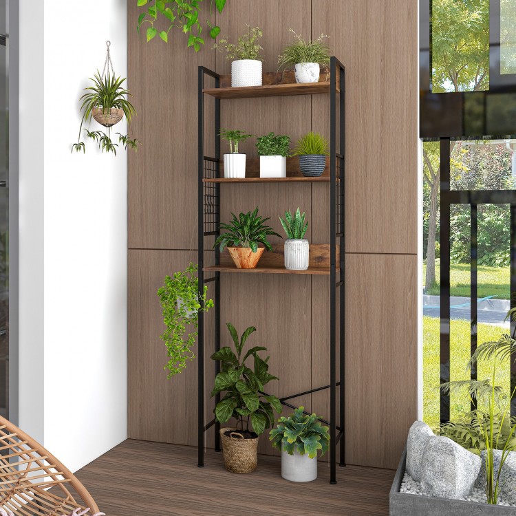 3-tier over-the-toilet storage rack in rustic brown with hooks, ideal for bathroom essentials and plants.