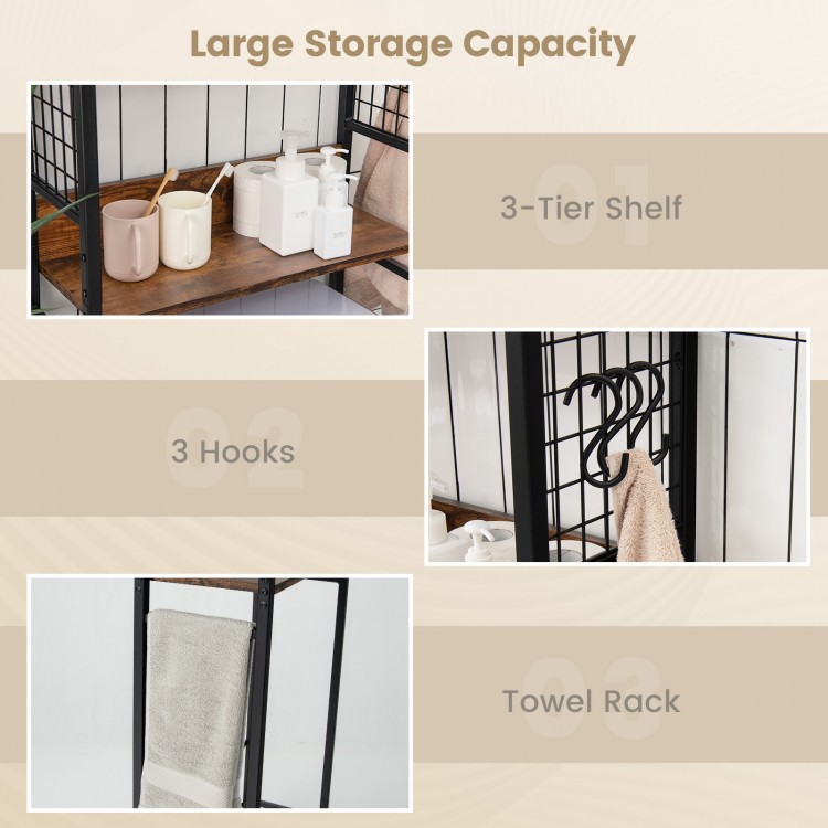3-tier over-the-toilet storage rack in rustic brown with hooks for towels, made of engineered wood and steel for.