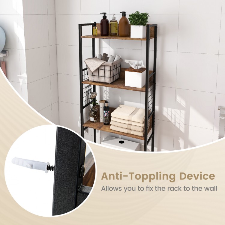3-tier over-the-toilet storage rack in rustic brown with anti-toppling device, perfect for bathroom organization.