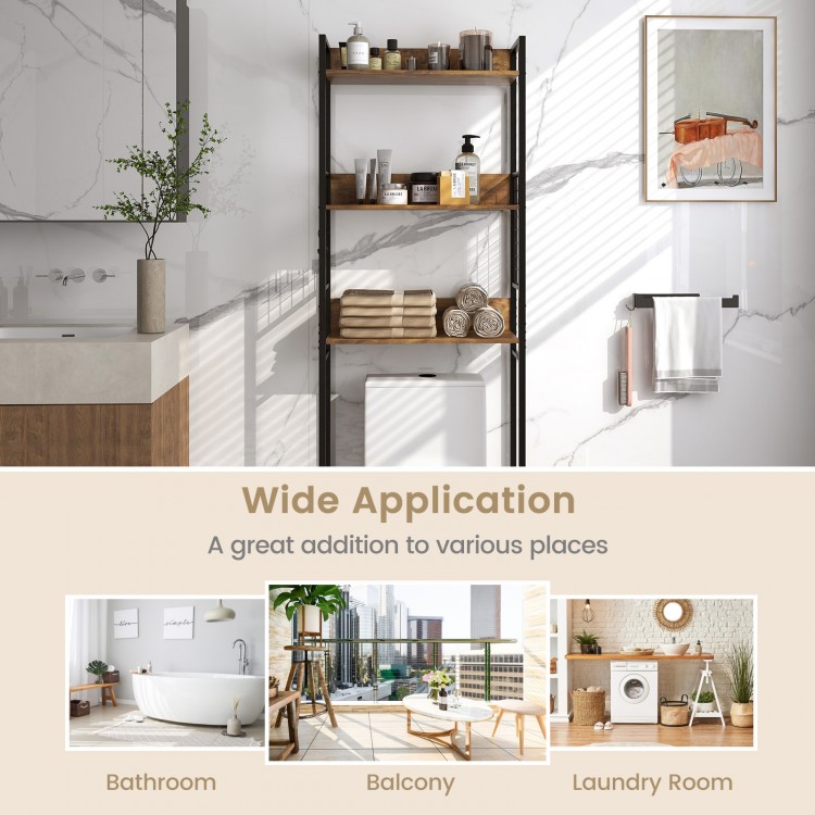 3-tier over-the-toilet storage rack in rustic brown with hooks, perfect for bathroom organization and maximizing wall.