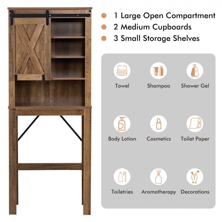 Bathroom storage cabinet in rustic brown with sliding barn door and adjustable shelves for versatile organization.