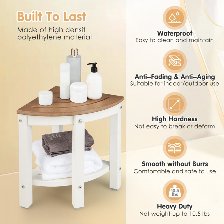 Heavy duty corner shower bench stool in brown, made of waterproof HDPE, perfect for indoor or outdoor use with storage.