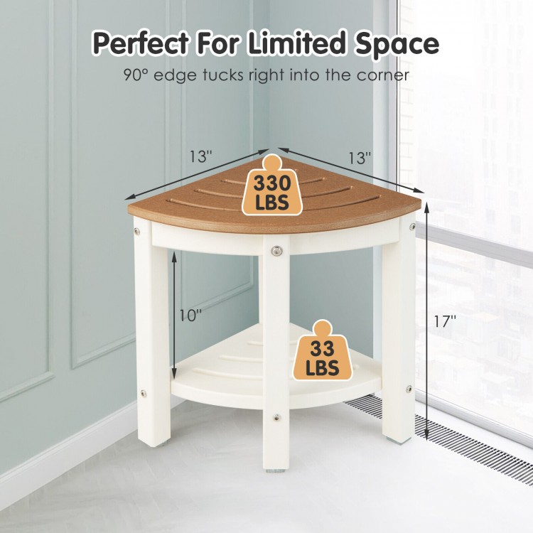 Heavy-duty corner shower bench stool in brown with storage shelf, made of waterproof HDPE, perfect for limited spaces.