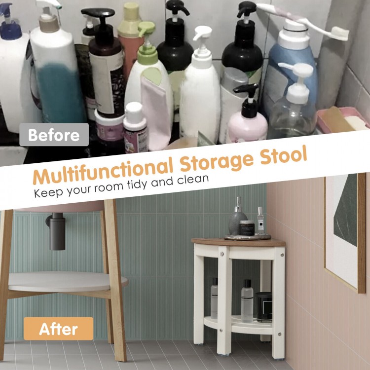 Heavy-duty corner shower bench stool in brown with storage shelf, ideal for bathrooms and moisture-prone areas.
